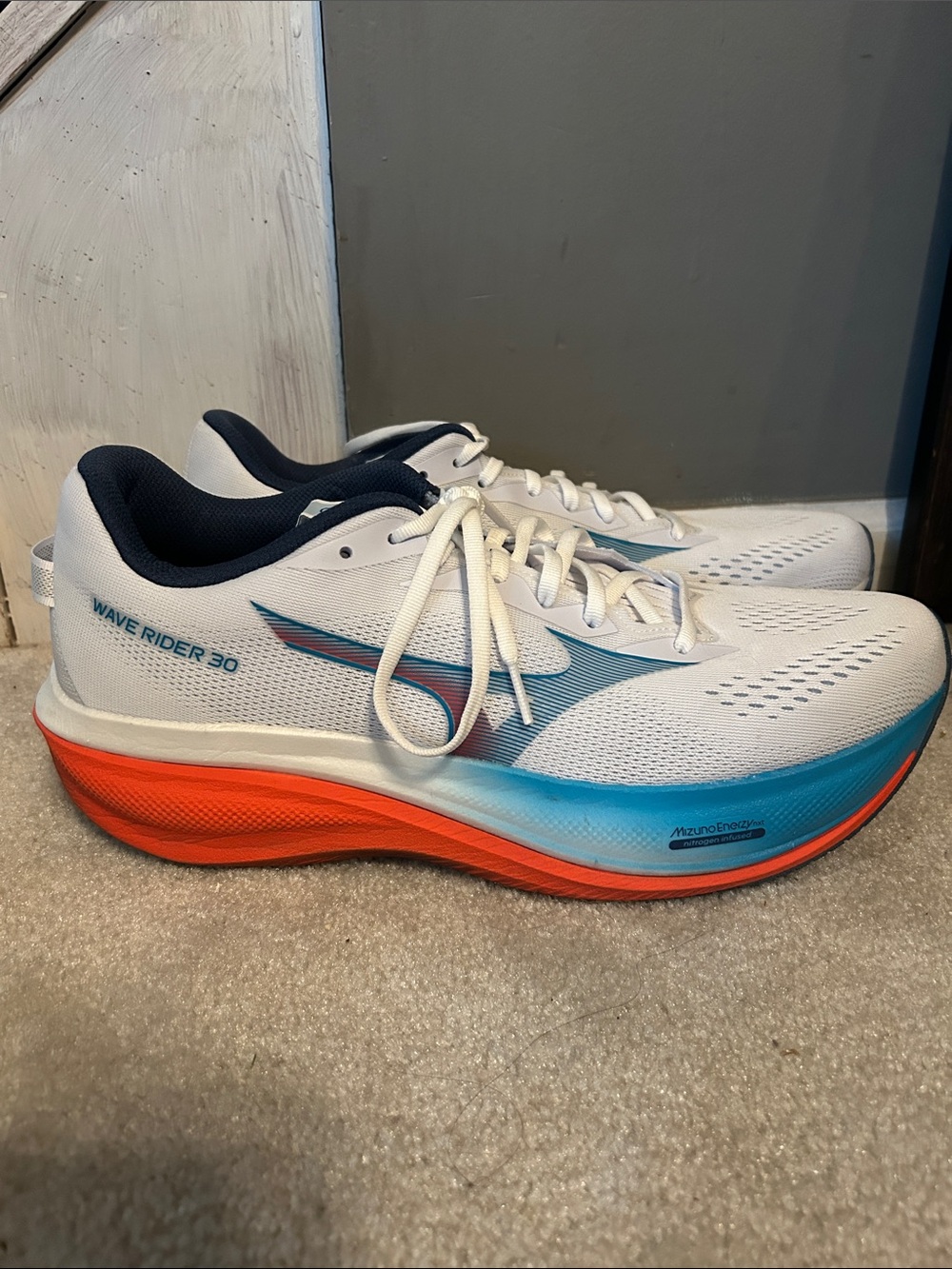Mizuno Men’s Wave Rider 30 Running Shoe - White/Blue/Orange size 13